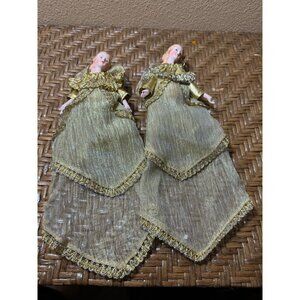 Handcrafted Porcelain Victorian Dolls With Gold Lace Gowns Ornaments